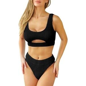 NWOT Herseas Black 2 Piece Scoop Neck Bikini High Waisted Swimsuit Set